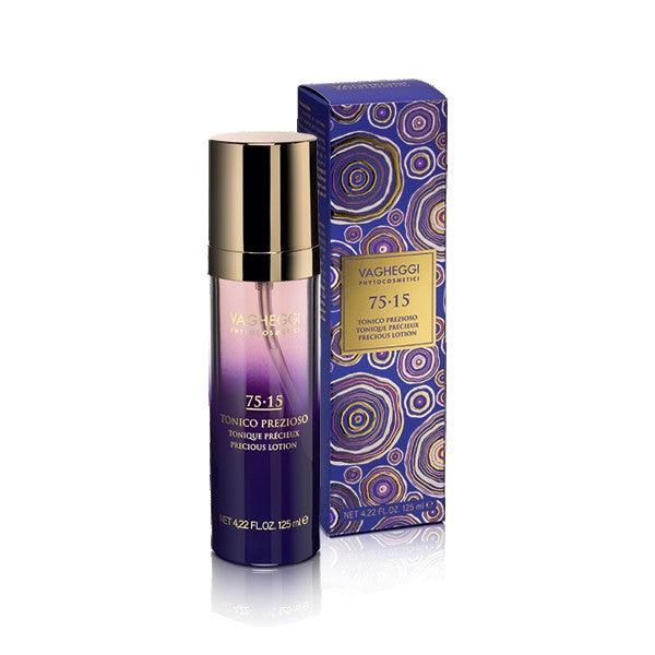 75-15 Precious Lotion bottle and box featuring blueberry water and amethyst for fresh skin care, 125ml.