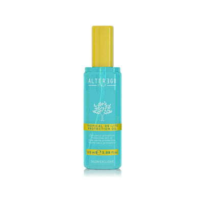 Tropical De-lite Oil by Alterego in a blue bottle, providing hair protection and a frizz-free finish.