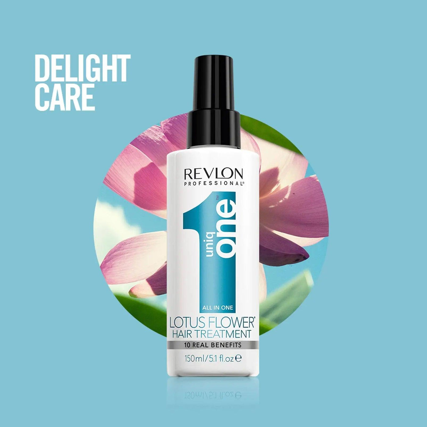 Revlon Uniq One Lotus Flower Hair Treatment bottle with pink lotus flower background for delightful hair care benefits.