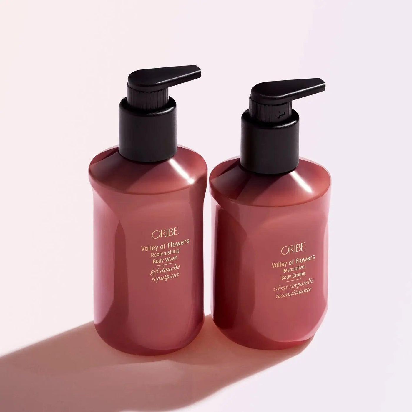 ORIBE Valley of Flowers Replenishing Body Wash bottles, 300 ml, highlighting luxurious lather and nourishing benefits.