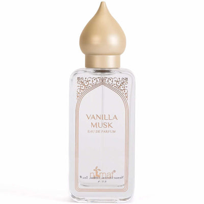Elegant bottle of Vanilla Musk Eau De Parfum Spray with a gold top, showcasing a sweet and musky fragrance.