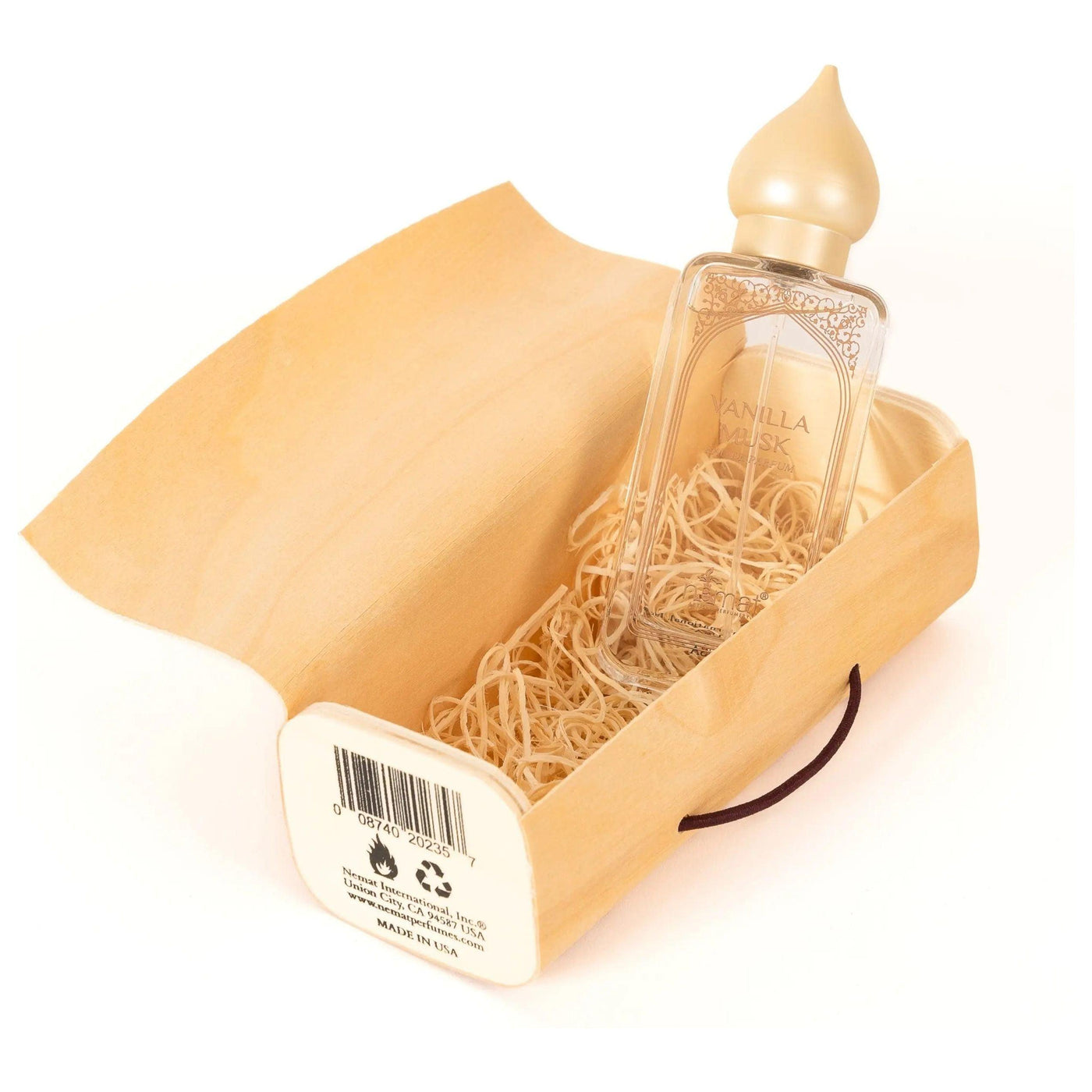 Vanilla Musk Eau De Parfum spray in eco-friendly packaging made from wood shavings.