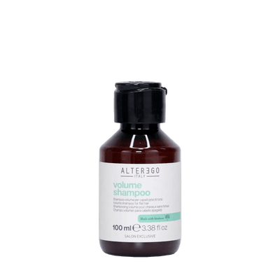 Bottle of Alter Ego Volume Shampoo, 100 ml, designed for fine hair to enhance body and shine without sulfates or parabens.