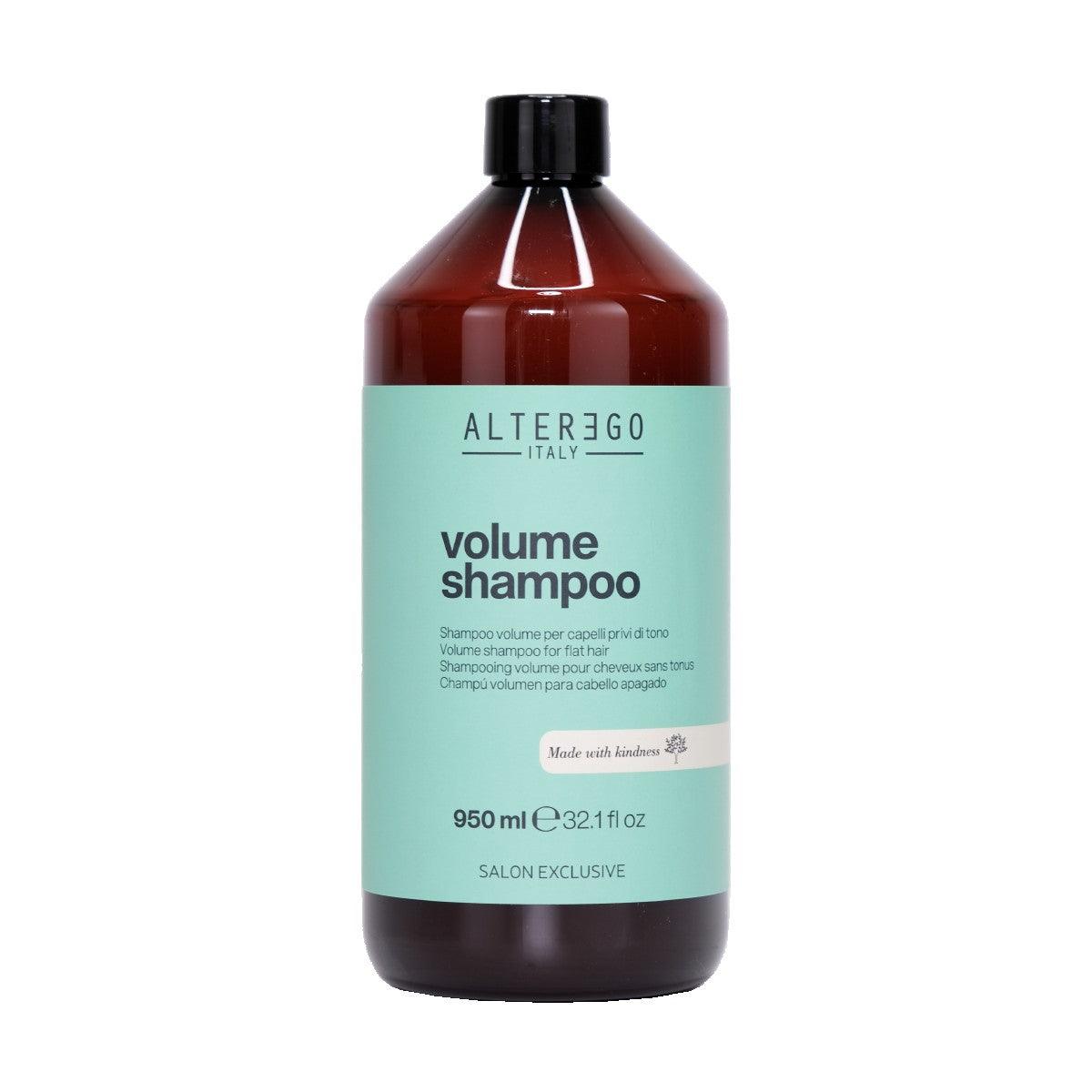Volume shampoo bottle by ALTER EGO Italy, 950 ml, designed for fine hair, enhances body and shine, free from sulfates and parabens.