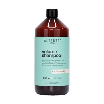 Volume shampoo bottle by ALTER EGO Italy, 950 ml, designed for fine hair, enhances body and shine, free from sulfates and parabens.