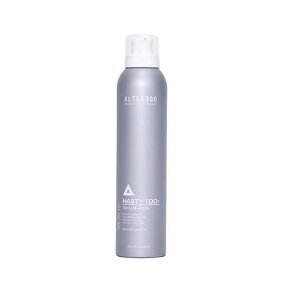 Voluxious Mousse by Alter Ego in a sleek silver canister for medium hold and restoring body to hair.