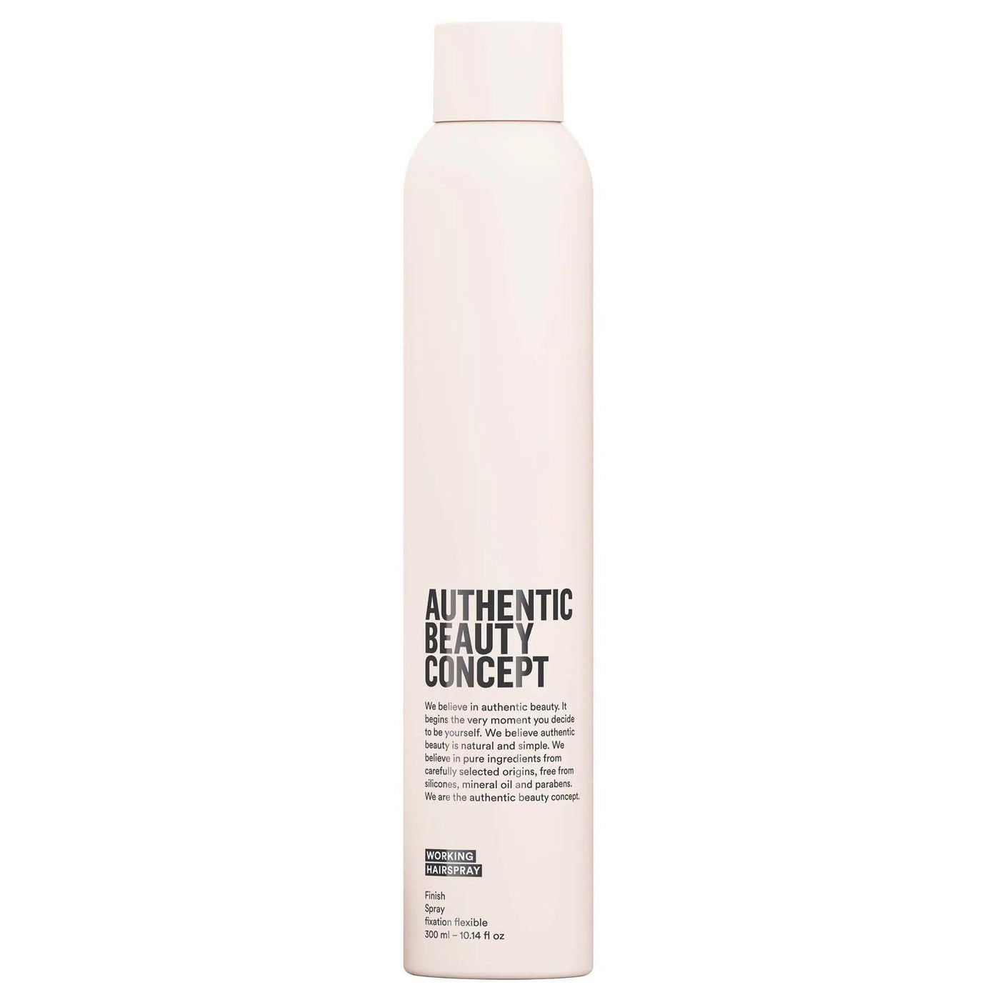 Authentic Beauty Concept Working Hairspray, a vegan, fast-drying hairspray for flexible hold, free from silicones and parabens.